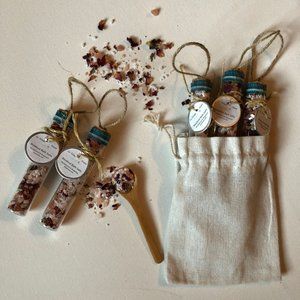 Rosebud Bath Salts In Glass Test Tubes Sandalwood and Bergamot Essential Oils